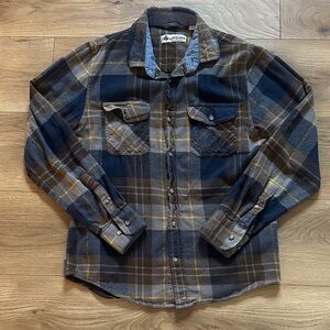 Men's Blue Brown Plaid Flannel Shirt Small Double pockets